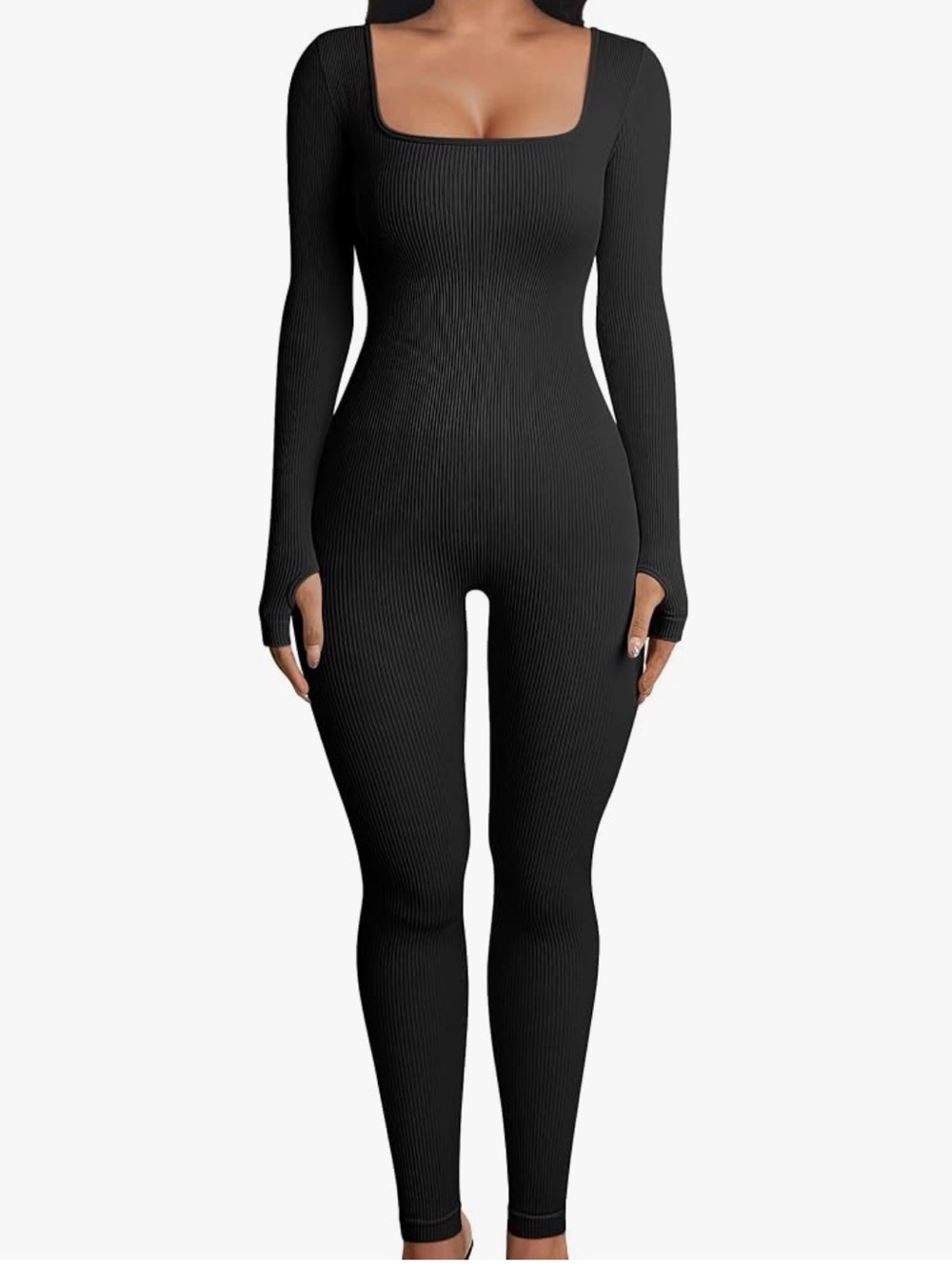 OQQ Long Sleeve Yoga Jumpsuits Workout Ribbed Bodysuits Black Size M